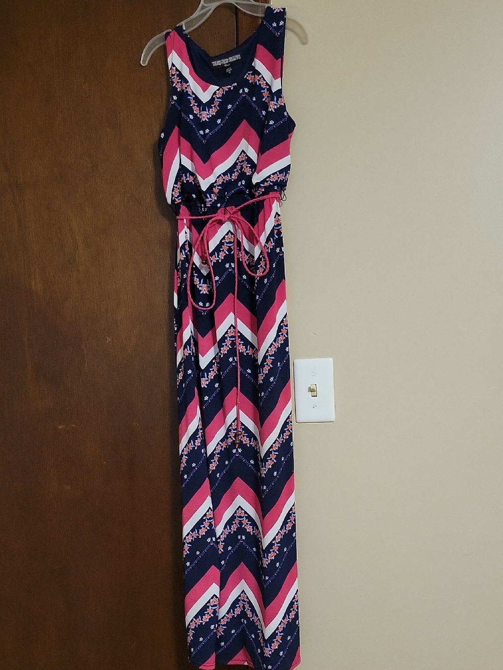 Three Hearts Navy Floral Chevron Maxi Dress with Pink Accents
